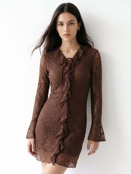Outzidr - Brown Embroidered V-Neck Dress