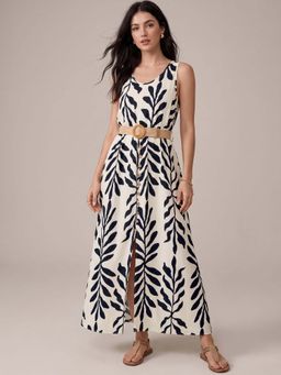 Outzidr - White Printed Round Neck Dress With Belt