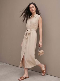 Outzidr - Beige Solid/Plain Collar Neck Dress