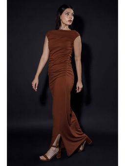 COLOR CAPITAL - Brown Solid/Plain Boat Neck Dress