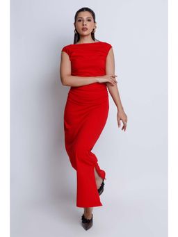COLOR CAPITAL - Red Solid/Plain Boat Neck Dress