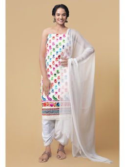 Unnati Silks - Unstitched White Pure Handwoven Phulkari Cotton Salwar Kameez (Set of 3)