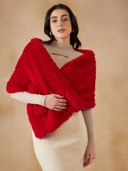 InWeave - Cherry Red Long Faux Fur Cape Poncho