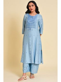 W - Women Blue Festive Floral Print Cotton Straight Kurta