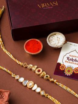 VIRAASI - Set Of 2 Gold-Toned Kundan Rakhi For Brother With Roli Chawal