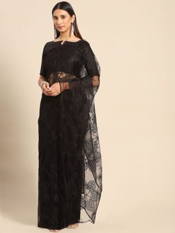 Odette - Black Floral Embroidered Net Saree with Unstitched Blouse