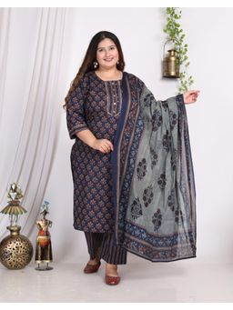 Swasti - Navy Blue Women Plus Size Kurta with Pant and Dupatta