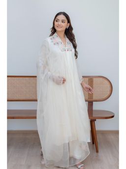 MINSH - White Snow Petal Anarkali with Pant and Dupatta
