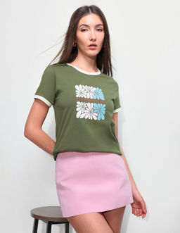 U.S. POLO ASSN. - Green Floral Printed Regular Fit Ringer T-Shirt
