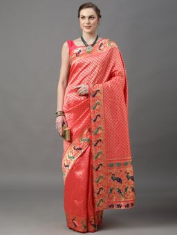 Akhilam - Womens Silk Blend Pink Woven Design Saree with Unstitched Blouse