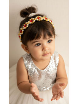 Choko - Girls Golden Beads & Red Crystal Flowers Hair Band – Ethnic Wear for Festive & Wedding Days