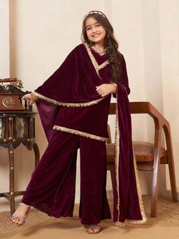 Bugandbees - Girls Wine Velvet Full Sleeves Kurta with Palazzo and Dupatta