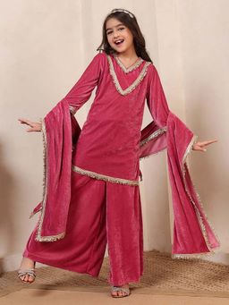 Bugandbees - Girls Pink Velvet Full Sleeves Kurta with Palazzo and Dupatta