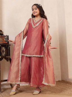 Bugandbees - Girls Peach Tissue Full Sleeves Kurta with Palazzo and Dupatta