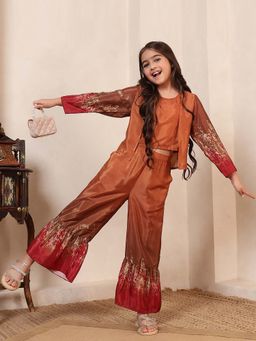 Bugandbees - Girls Mustard Silk Blend Top with Pant and Shrug Co-Ord Set