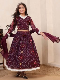 Bugandbees - Girls Wine Chiffon Full Sleeves Top with Lehenga and Dupatta