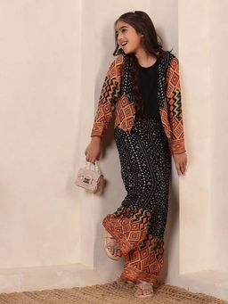 Bugandbees - Girls Black Chiffon Full Sleeves Top with Pant and Shrug