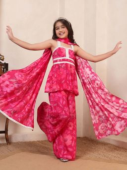 Bugandbees - Girls Magenta Muslin Sleeveless Top with Palazzo and Dupatta