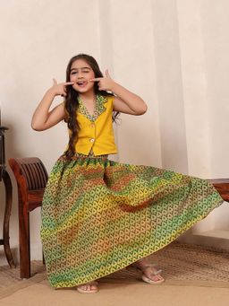 Bugandbees - Girls Multi-Colour Cotton Sleeveless Blazer with Lehenga