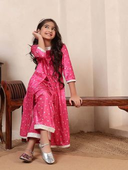 Bugandbees - Girls Pink Velvet Full Sleeves Kurta with Pant