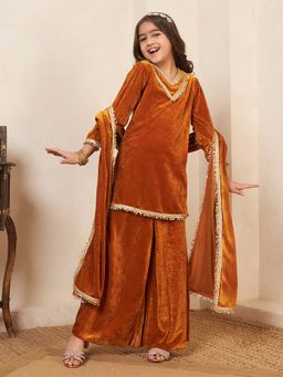 Bugandbees - Girls Mustard Velvet Full Sleeves Kurti with Palazzo and Dupatta