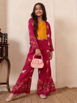 Bugandbees - Girls Magenta Nylon Top with Pant and Shrug Co-Ord Set