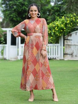 Juniper - Peach Geometric Printed Chiffon Maxi Dress with Sequins Work