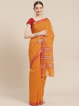 ISHIN - Womens Cotton Blend Mustard Solid Woven Saree with Unstitched Blouse