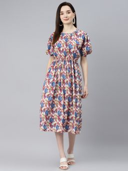 Indibelle - Rayon Blue Tropical Print Flared Dress