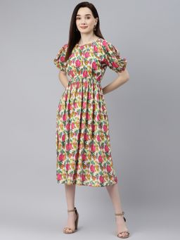 Indibelle - Rayon Pink Tropical Print Flared Dress