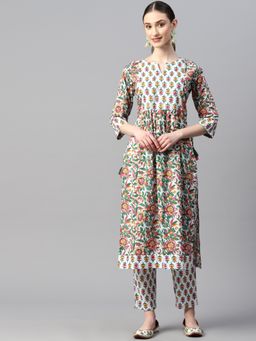 Indibelle - Cotton Light Green Pink Floral Print Kurta