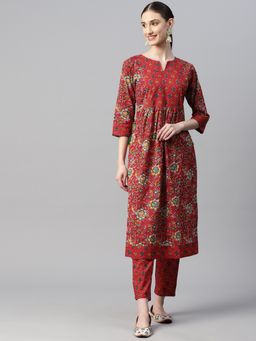 Indibelle - Cotton Red Yellow Floral Print Kurta With Trouser (Set of 2)