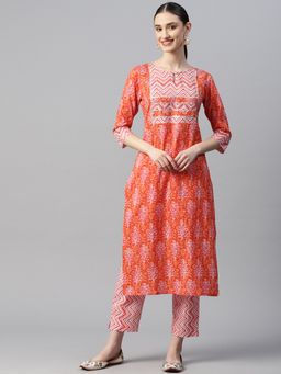 Indibelle - Cotton Orange Floral Print Kurta With Trouser (Set of 2)