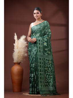 SLAGHA - Womens Green Self Design Handloom Ethnic Tussar Silk Saree