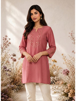 Lakshita - Pink Plus Size Resham Embroidered Cotton- Blend Kurti