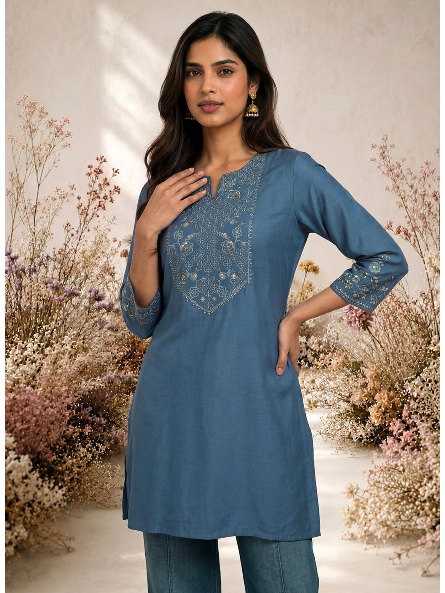 lakshita Blue Resham Embroidered Cotton- Blend Kurti-picture-11