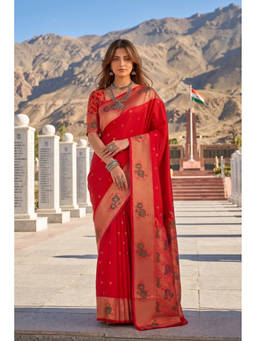 Monjolika Fashion - Peppy Red Banarasi Soft Silk Saree