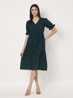 SWI STYLISH - Bottle Green Floral Embroidered Schiffli V- Neck Midi Dress