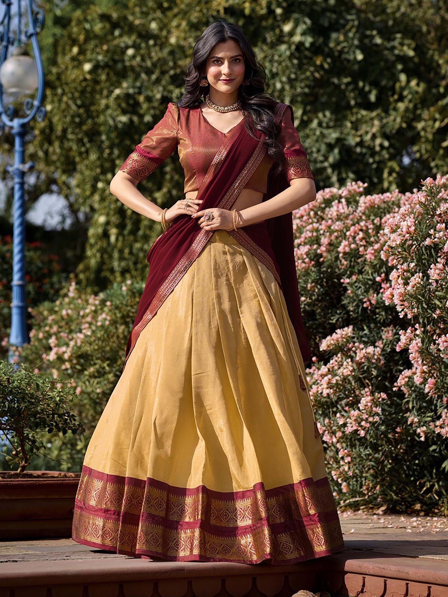 jatriqq South-Style Cream Kanchipuram Silk Lehenga & Unstitched Blouse with Dupatta-picture-26