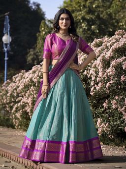 JATRIQQ - South-Style Blue Kanchipuram Silk Lehenga & Unstitched Blouse with Dupatta