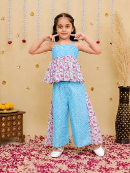 BownBee - Blue Floral Cotton Kurti and Palazzo
