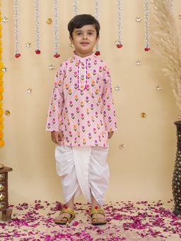 BownBee - Pink Floral Cotton Kurta and Dhoti
