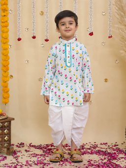 BownBee - White Floral Cotton Kurta and Dhoti