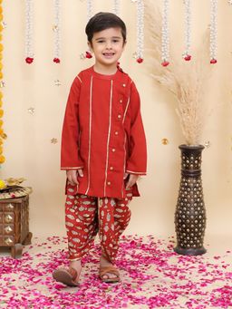 BownBee - Maroon Solid Cotton Kurta and Dhoti