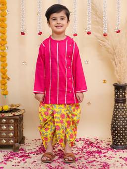 BownBee - Pink Floral Cotton Kurta and Dhoti