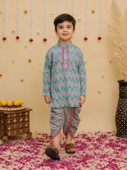 BownBee - Green Floral Cotton Kurta and Dhoti
