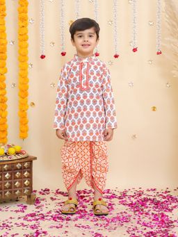 BownBee - White Floral Cotton Kurta and Dhoti