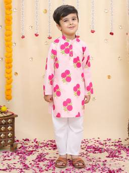 BownBee - Pink Floral Cotton Kurta and Pyjama