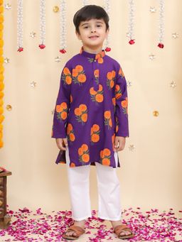 BownBee - Purple Floral Cotton Kurta and Pyjama