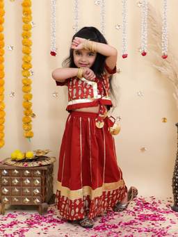 BownBee - Maroon Printed Cotton Blouse and Lehenga